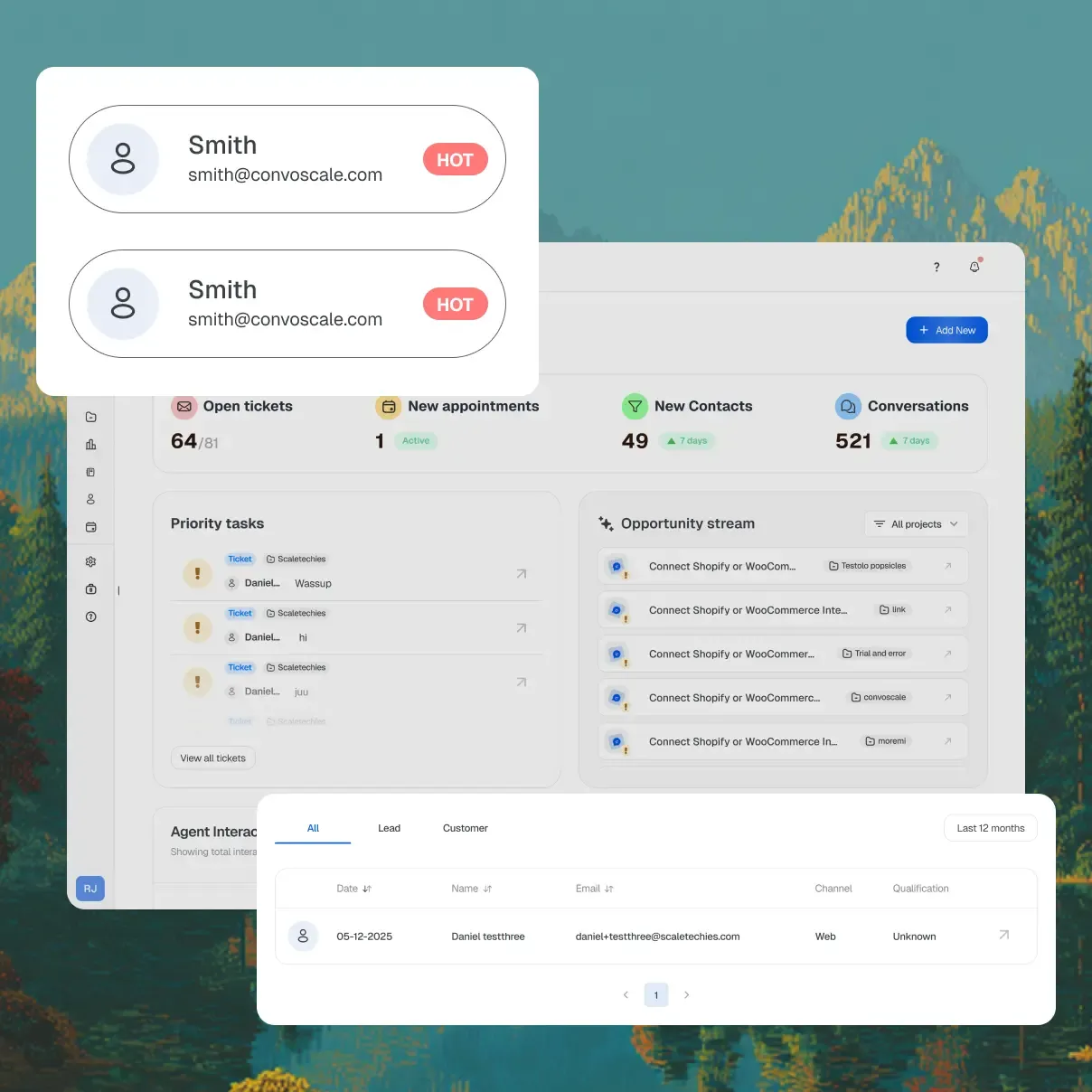 Multi-project dashboard with switching, analytics, leads, tickets, and channels